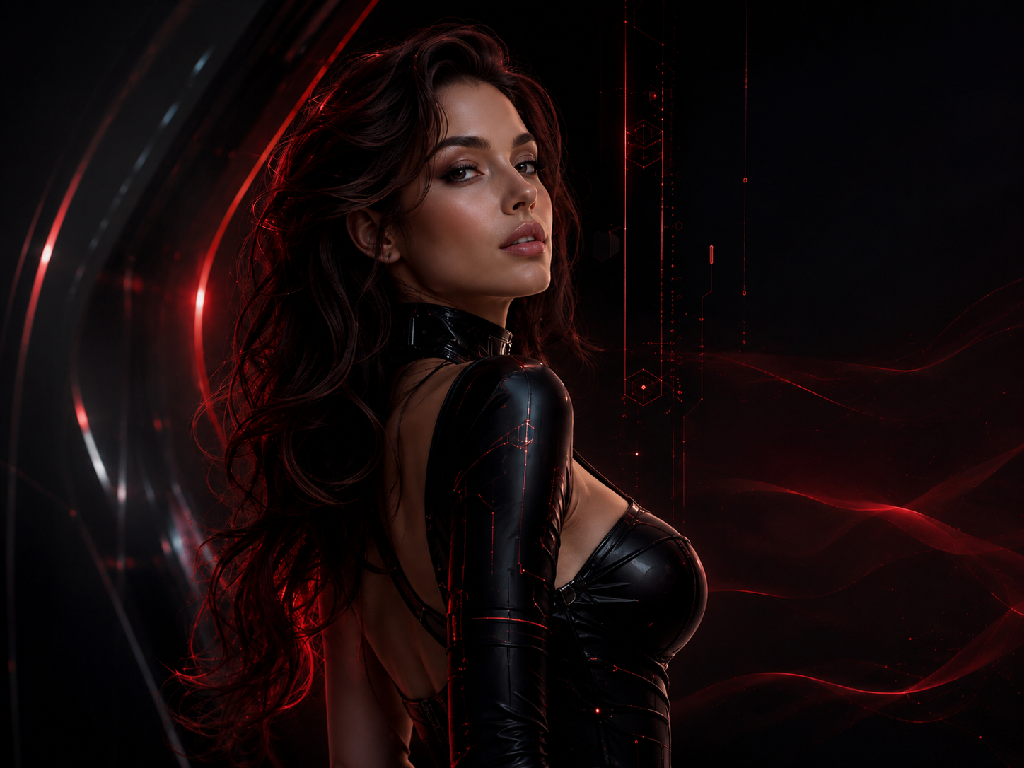 Futuristic AI woman with dark wavy hair in a sleek black outfit, surrounded by red neon lights and digital sci-fi effects.